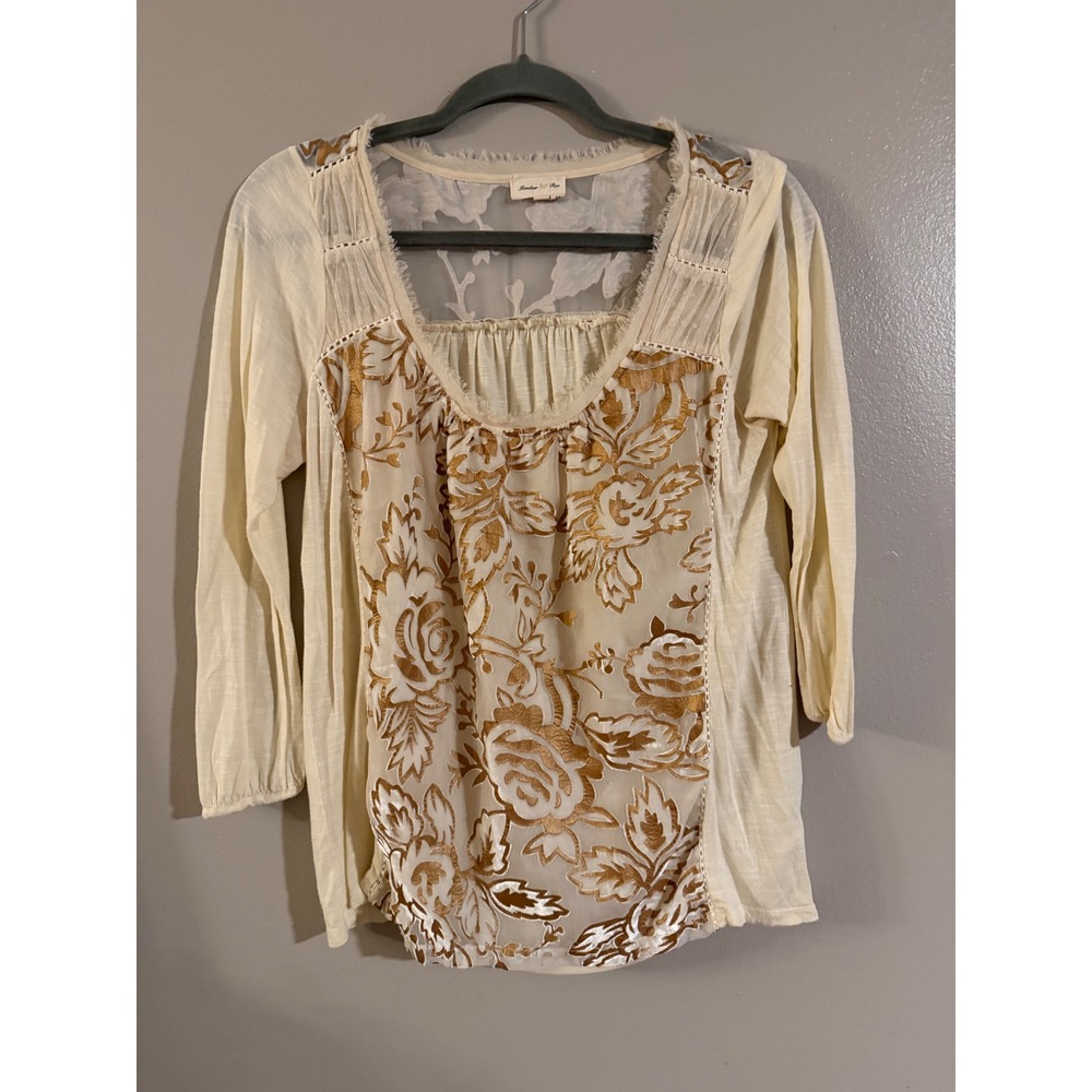 Meadow Rue Anthropologie Gold Velvet Burnout Floral Lace Blouse Cream Medium